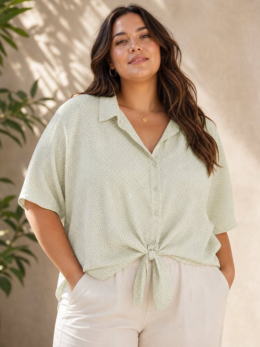 Nine West Light Green Button‑Front Tie‑Hem Blouse – Size XL